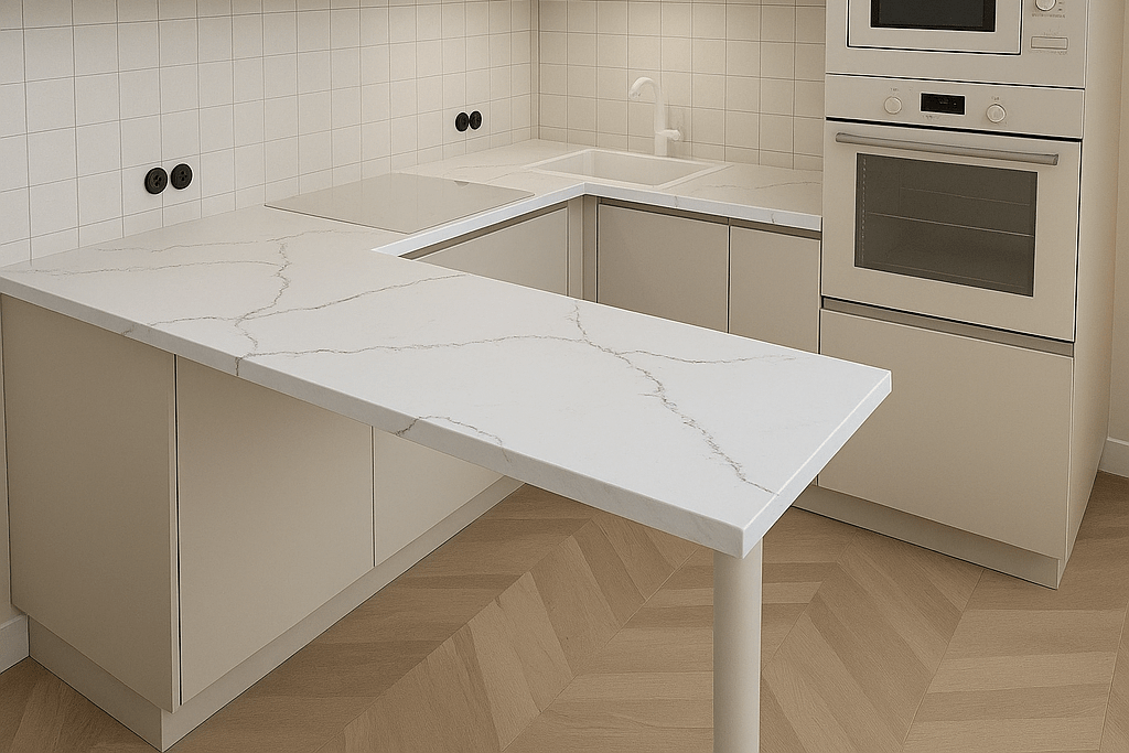 Кухня с угловой барной столешницей из акрилового камня с рисунком под мрамор, встроенной варочной панелью и мойкой, в светлом минималистичном интерьер