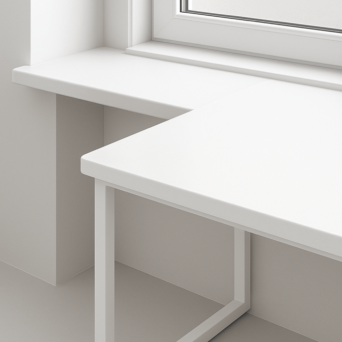 Белая столешница, плавно переходящая в подоконник из акрилового камня, с опорной ножкой под стол — решение для организации рабочего места у окна