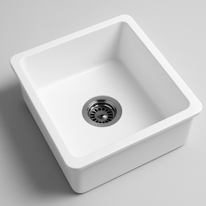 Квадратная белая мойка из акрилового камня с круглым сливом и металлической решёткой, вид сверху на сером фоне.