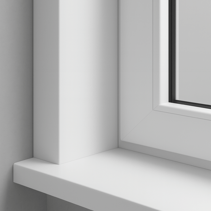 Белый подоконник и откосы из акрилового камня, выполненные в едином минималистичном стиле — пример чистового монтажа оконного проёма
