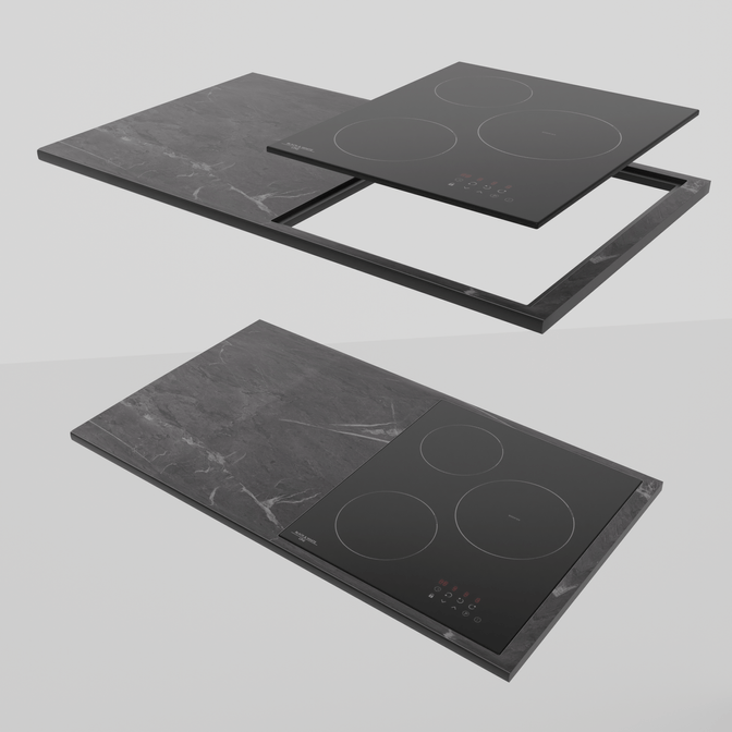 Тёмная столешница из HPL компакт пластика с мраморным декором и варочной панелью, установленной в один уровень