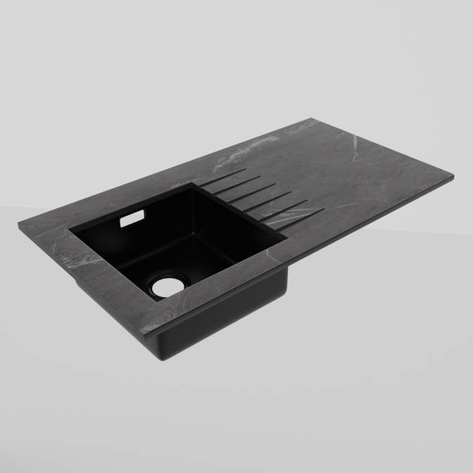 Темная столешница из HPL компакт пластика с мраморным декором, черной мойкой нижнего монтажа и встроенными водостоками, современный дизайн кухни.